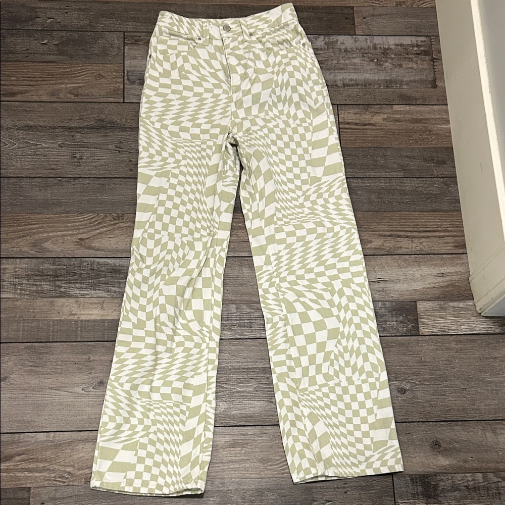 Olive & White Checkerboard Warp Effect Pants